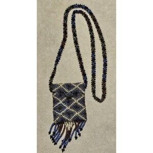 Vintage Hand Beaded Brilliant Necklace Purse Tassel Fringe Blue Black Multicolor